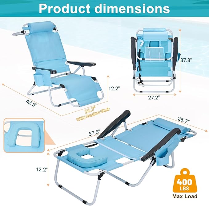 MOPHOTO Oversized Beach Lounge Chair, 5-Position Adjustable Tanning Chair with Face Hole, Heavy Duty Folding Chaise Lounge for Beach, Pool, Patio & Sunbathing