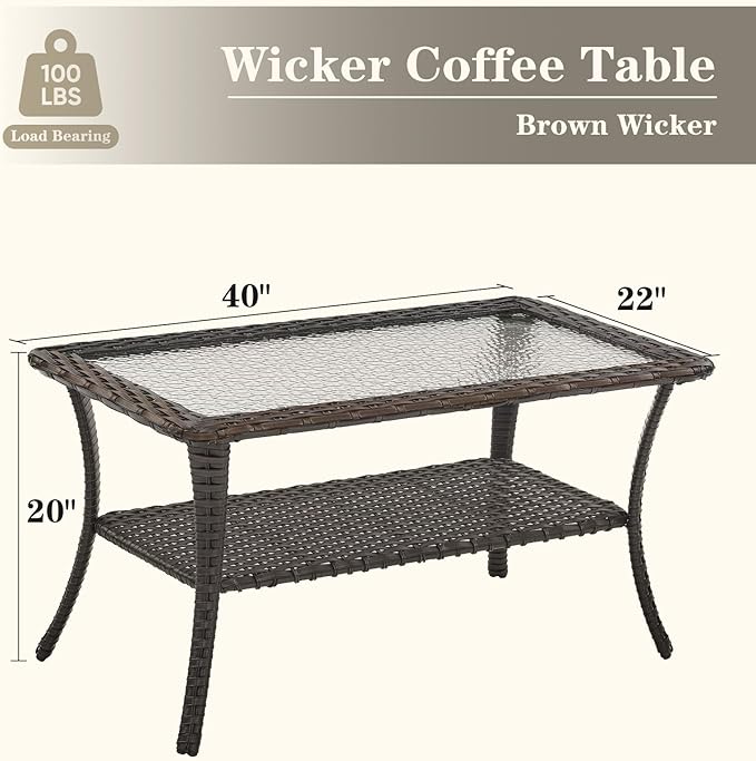Wicker Outdoor Coffee Table - 40 Inch Tempered Glass Top Patio Coffee Table with Storage, 2 Layers Rattan Outdoor Table Rectangle for Patio for Porch, Balcony, Deck and Garden - Brown