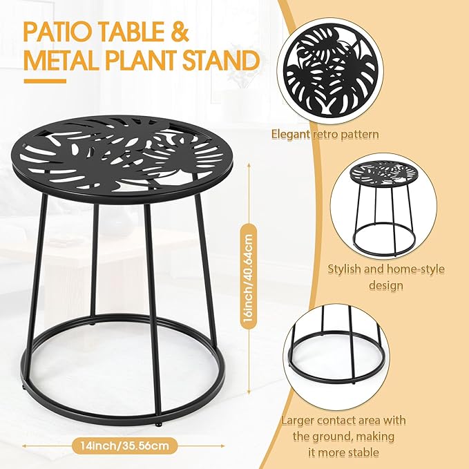 Outdoor Side Table with Flower Cut Outs 14" Weather Resistant Metal Patio Side Tables Small Plant Stand Round Outdoor End Table for Patio Outside Porch Balconies Garden(Black,Monstera Leaf)