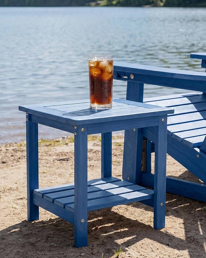 Kibaso-Adirondack Outdoor Side Table, 2-Tier HDPE Outdoor End Table, Weather Resistant Easy Maintenance, Small Patio Side Table for Patio, Pool, Porch, Garden, Lawn, and Living Room (1, Blue)