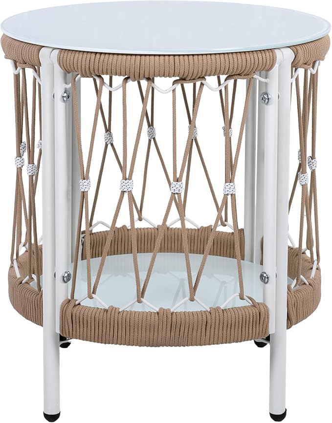 Christopher Knight Home Packy Bohemian Outdoor Side Table with Storage Shelf, Glass Top Small Patio Round Coffee Table, Sofa End Table for Patio Furniture Set with Metal Frame, White+Beige