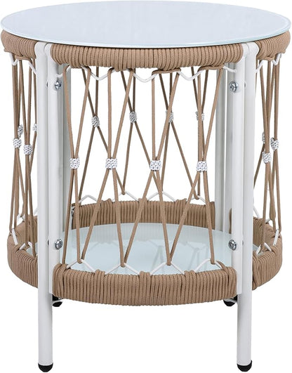 Christopher Knight Home Packy Bohemian Outdoor Side Table with Storage Shelf, Glass Top Small Patio Round Coffee Table, Sofa End Table for Patio Furniture Set with Metal Frame, White+Beige