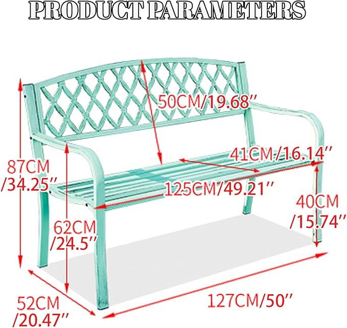 50" Porch Benches Outdoor,Metal Garden Bench,Patio 3-Seater Chair,with Armrests & Backrest，Weather Proof Porch Path Chair，Patio Yard Bench for Garden, Poolside, Balcony，Entryway