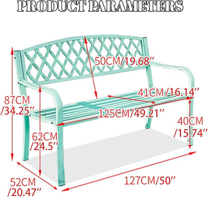 50" Porch Benches Outdoor,Metal Garden Bench,Patio 3-Seater Chair,with Armrests & Backrest，Weather Proof Porch Path Chair，Patio Yard Bench for Garden, Poolside, Balcony，Entryway