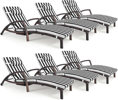 Chaise Lounge Chairs Outdoor Set of 6, Comfy Outside Wicker Patio Pool Lounge Chair w/ 5 Adjustable Back Angle, Cup Holder, Thicken Cushion