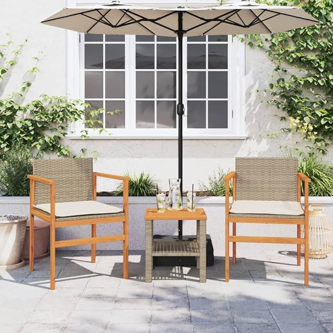 Patio Chairs with Cushions 2 pcs Beige Poly Rattan&Solid Wood Sillas para Patio Lawn Chairs for Dining Table Garden Chair for Picnic Study Courtyard Living Room