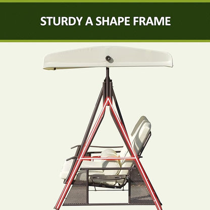 Outsunny 2-Person Patio Swing Bench with Adjustable Shade Canopy, Soft Cushions, Throw Pillows and Tray, Beige.
