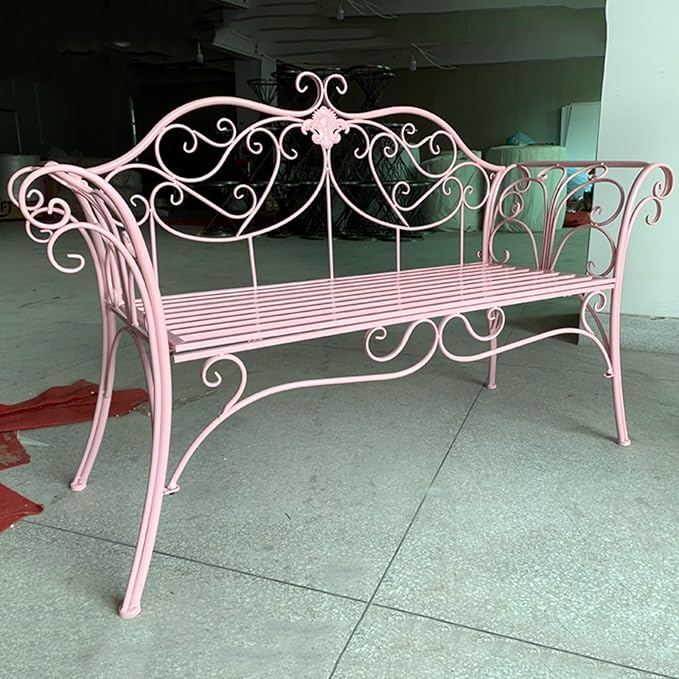 52" Patio Garden Bench, Outdoor Retro Park Benches, Metal Bench Chair 2 Seaters with Backrest and Armrest, for Yard, Porch, Lawn, Backyard, Assembly Max 250kg (Color : Pink)