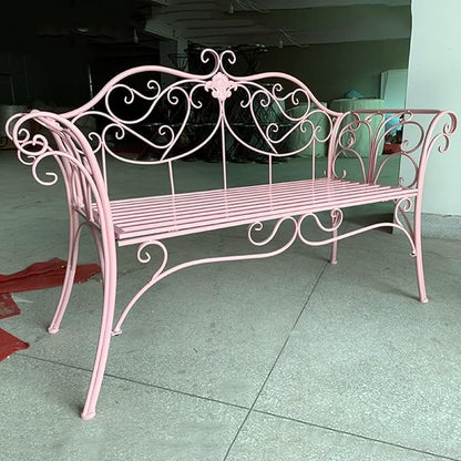 52" Patio Garden Bench, Outdoor Retro Park Benches, Metal Bench Chair 2 Seaters with Backrest and Armrest, for Yard, Porch, Lawn, Backyard, Assembly Max 250kg (Color : Pink)