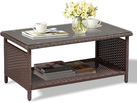 VINGLI Outdoor Wicker CoffeeTable Patio Coffee Tables for Outside, Tempered Glass Top Wicker Table with Storage Coffee Table for Patio Balcony Porch Deck (Brown)