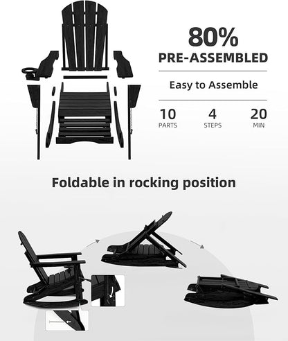 Folding Adirondack Rocking Chair Set of 2,4-in-1 Multifunctional Patio Chairs with Retractable Ottoman, Outdoor Chairs Wood Texture, Lawn Chair for Porch, Backyard, Pool(Black)
