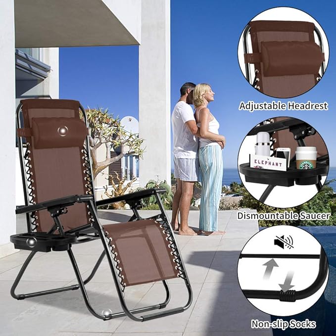 Dkeli Zero Gravity Chair Patio Chair Lounge Chair Chaise 2 Pack Outdoor Folding Adjustable Recliner Chair with Cup Holder Tray and Pillows for Patio, Pool, Beach, Lawn, Deck, Yard - Brown