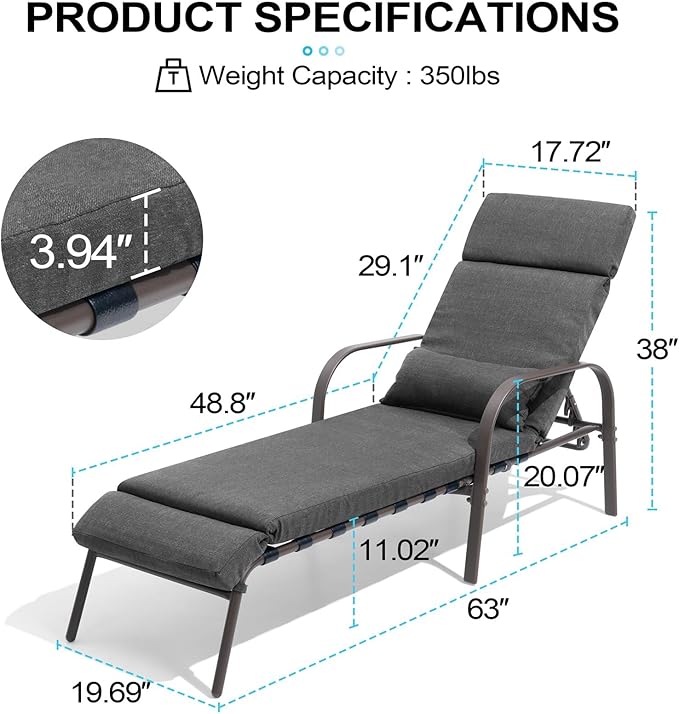 Crestlive Products Chaise Lounge Chair Outdoor with Cushion & Pillow, Adjustable 5 Position Pool Recliner for Outside, Outdoor Lounge Furniture All Weather for Patio, Beach, Yard, Pool (1PC Dark Gray)