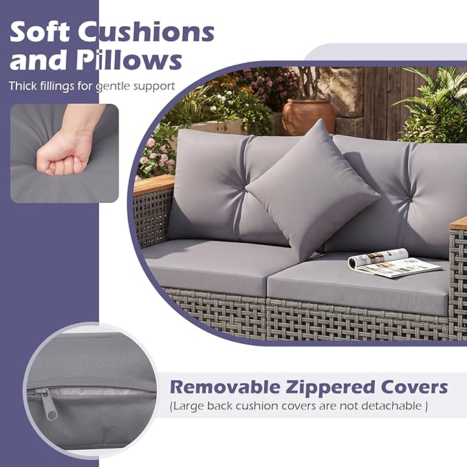 Tangkula 62.5" Large Patio Wicker Loveseat with Acacia Wood Armrests & Cup Holders, Outdoor 2-Piece Rattan Corner Sofa with Cushions, Sectional Conversation Set for Garden Backyard Porch Balcony, Grey