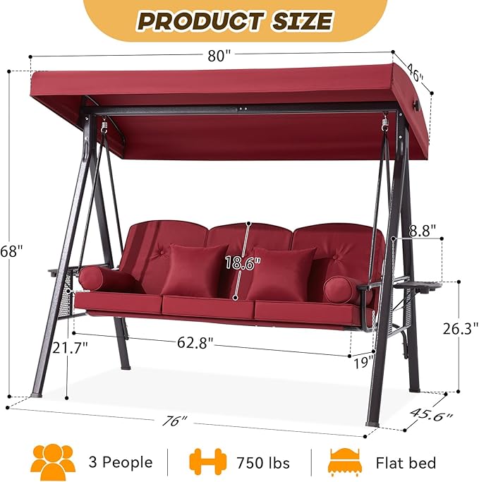 3 in 1 Outdoor Porch Swing with Adjustable Canopy, 3 Seat Outdoor Swing for Adults - Photo 8
