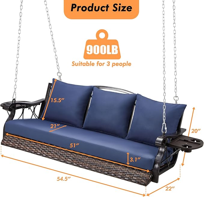 3-Person Wicker Porch Swing Chair Heavy Duty 900 LBS Outdoor Rattan Patio Swing Chair w/Cup-Holder & Steel Chains - Photo 6