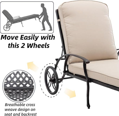Chaise Lounge Outdoor Chair with Side Table, Adjustable Reclining Rust-Resistant Aluminum Cast Poolside Chaise with Convenient Wheels, Outdoor Lounge Furniture Set of 3, (Beige)
