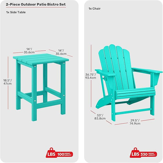 Costaelm Lakeview Outdoor Patio HDPE Adirondack Chair with Cup Holder and Table Set, Turquoise