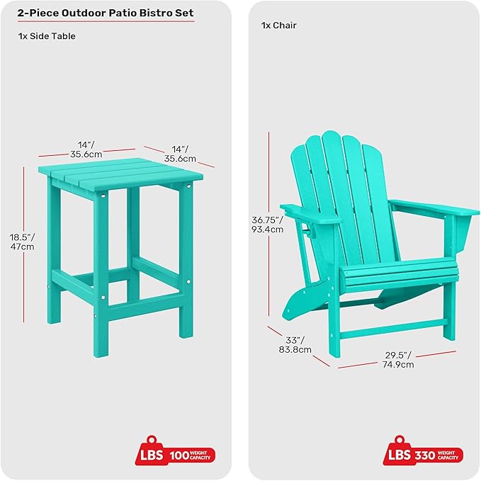 Costaelm Lakeview 3-Piece Outdoor Patio HDPE Adirondack Chair with Cup Holder and Table Set, Turquoise