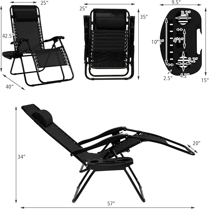 Tangkula Set of 2 Zero Gravity Chair, Folding Patio Lounge Chair Adjustable Outdoor Recliner with Cup Holder - Photo 3