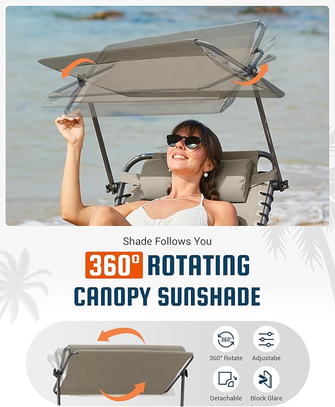 KingCamp Lounge Chair with face Hole & Canopy Shade, 400LBS Folding Portable Tanning Chair with face Hole, Adjustable 5-Position Foldable Beach Sun Tanning Chair for Outside Beach Patio Outdoor Pool