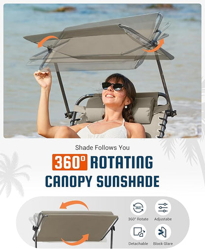 KingCamp Lounge Chair with face Hole & Canopy Shade, 400LBS Folding Portable Tanning Chair with face Hole, Adjustable 5-Position Foldable Beach Sun Tanning Chair for Outside Beach Patio Outdoor Pool