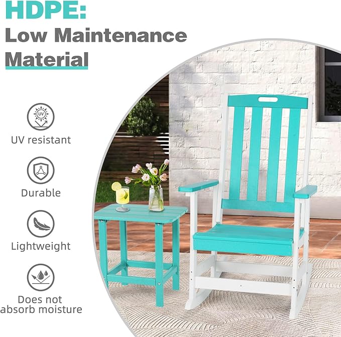 Aoodor Outdoor Rocking Chair, Ergonomic HDPE Rockers with All-Weather Design for Patio or Porch, Clashing Colors, Lake Blue and White,Set of 2