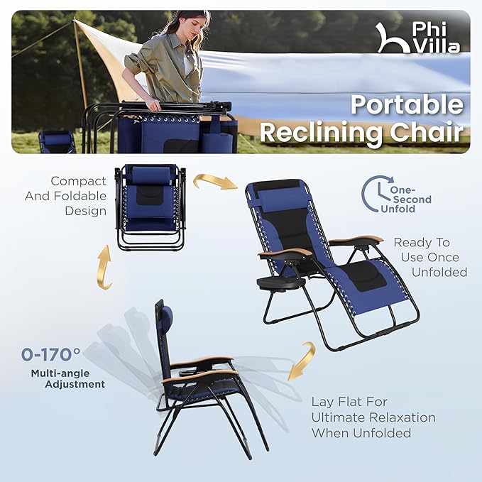PHI VILLA XXL Oversized Padded Zero Gravity Chair Set of 2, Foldable Patio Recliner, 30" Wide Seat Anti Gravity Lounger with Armrest and Cup Holder, Support 400 LBS (Navy Blue)