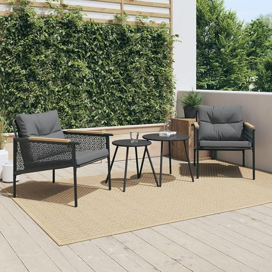 Set of 2 Outdoor Garden Chairs with Teak Wood Armrests, Modern Black Powder-Coated Metal Patio Seating, Comfortable Weather-Resistant Cushions, 29.1 L x 24.2 W x 27.6 H