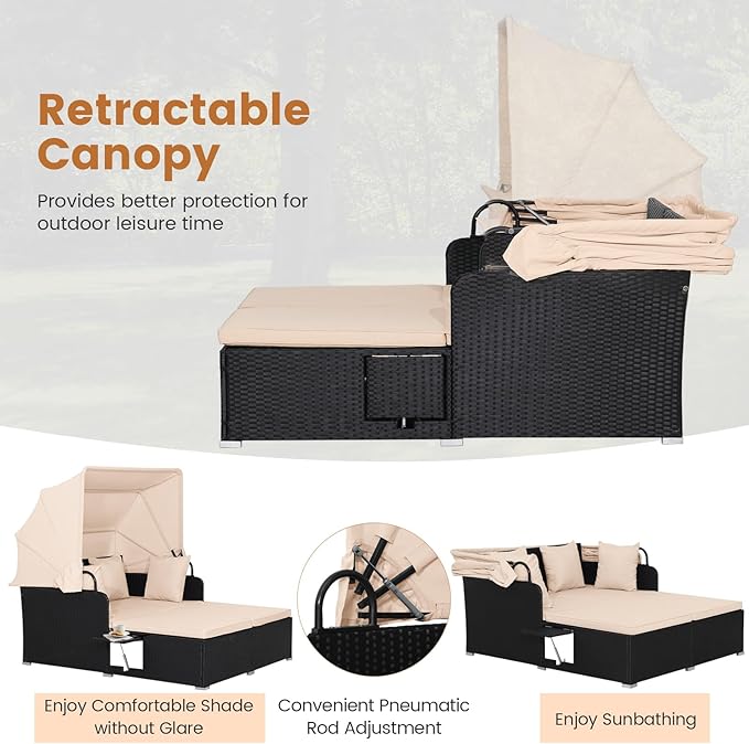 RELAX4LIFE Patio Outdoor Daybed with Canopy, Wicker Sunbed w/Cushions, 4 Pillows & 2 Retractable Side Trays - Photo 4