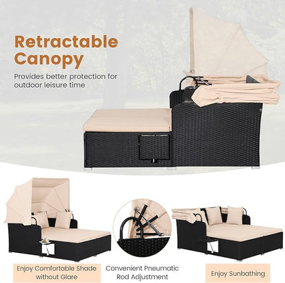 RELAX4LIFE Patio Outdoor Daybed with Canopy, Wicker Sunbed w/Cushions, 4 Pillows & 2 Retractable Side Trays, 2-Person Lounge Bed Conversation for Poolside Porch Garden, Rattan Outdoor Bed (Beige)