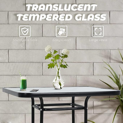 Patio Table Patio Dining Table Bistro Table Rectangular Furniture Outdoor Patio Coffee Small Balcony End Outside Console Umbrella Hole Tempered Glass Conversation Black