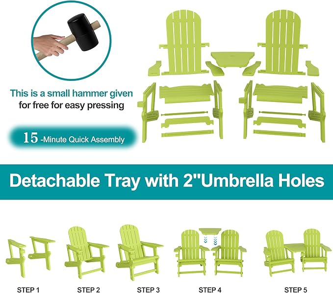 JY QAQA Outdoor Adirondack Chair Set of 2, All-Weather HDPE Patio Furniture with Detachable Table, Wood Texture & Cup Holder for Patio, Poolside, Garden, Green