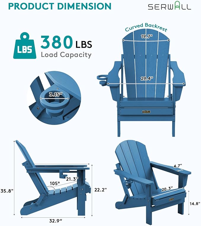 SERWALL Folding Adirondack Chair Set of 8, Weather Resistant Patio Chair with Cup Holder for Patio Garden Outdoors Fire Pit- Sapphire