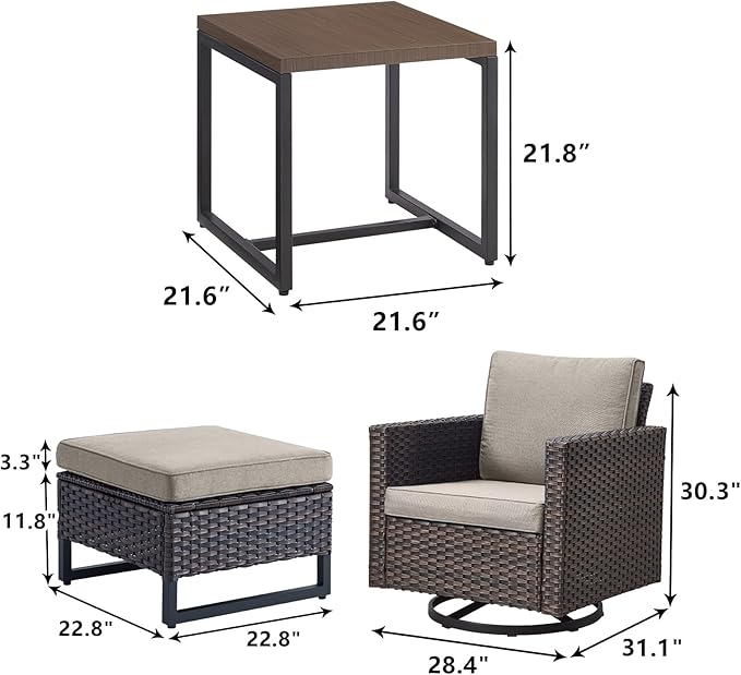 Rilyson Wicker Outdoor Patio Furniture Set - 5 Piece Patio Conversation Set with 2 Swivel Rocker Chairs,2 Rattan Ottoman and 1 Metal Side Table for Outside Porch Deck Backyard Garden(Brown/Grey)