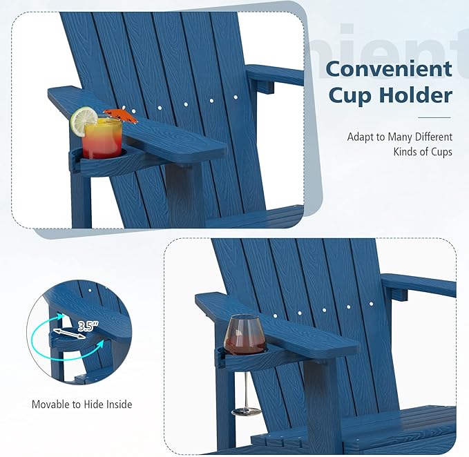 Tangkula Oversized Adirondack Chair, Patio Lounge Chairs w/Adjustable Cup Holder, HIPS Armchairs Slatted Chair, Outdoor Weather Resistant Fire Pit Chair for Deck Backyard Garden Porch (1, Navy)