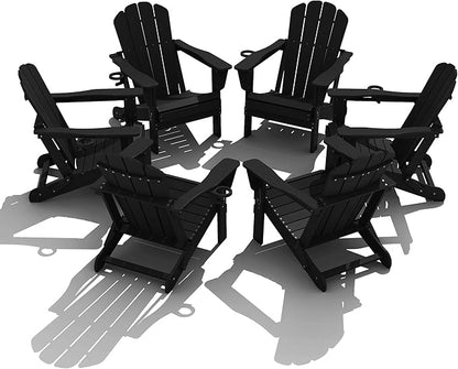 Domi Folding Adirondack Chair Set of 6, HDPE All-Weather Adirondack Chairs with Cup Holder, Outdoor Plastic Fire Pit Chairs Wood Texture for Poolside, Patio, Backyard, Deck (Black)