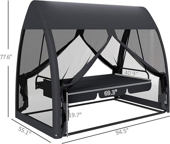 Outsunny 3-Seat Patio Swing Chair, Porch Swing Bed with Convertible Backrest, Cushion, Canopy - Photo 7