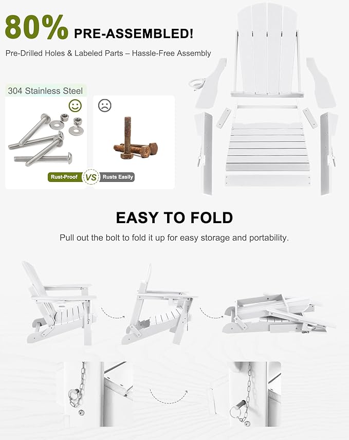 Folding Adirondack Chairs - Plastic Adirondack Chairs with Cup Holder, Weather Resistant for Outdoor, Patio, Lawn, Garden, Backyard Deck, Fire Pit - White