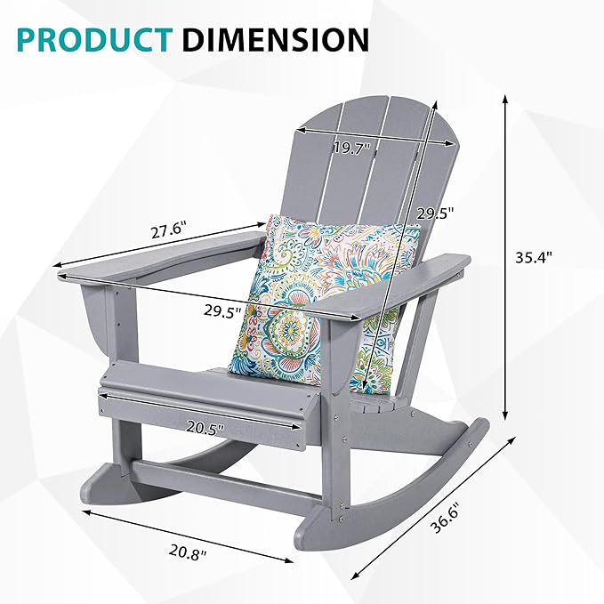 Sundale Outdoor Rocking Chair with Pillow, Patio Plastic All Weather Adirondack Rocker for Proch, Water Resistant for Outside, Garden, Pool, Yard, Grey