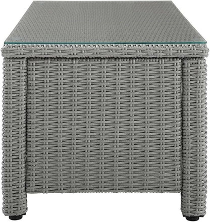 Pemberly Row 40" Wicker Patio Coffee Table, Tempered Glass Top, Gray Resin All-Weather Wicker, Powder-Coated Steel Frame, Rectangular Outdoor Table for Garden, Deck, or Patio Use