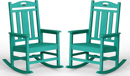 Ciokea Oversized Outdoor Rocking Chairs Set of 2, 380lbs Heavy-Duty Large Patio Rocker, High Back Cozy Porch Chairs, Weather Resistant Patio Rocking Chairs for Outside, Fire Pit, Deck, Aruba Blue