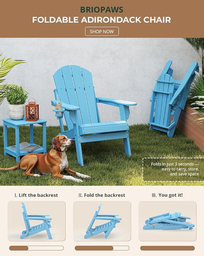 BRIOPAWS Folding-Adirondack-Chair | HDPE | Fire Pit Chairs | Cup Holder | Weather Resistance | Arctic | for Outdoor Backyard Deck Patio