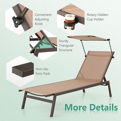 Giantex Outdoor Chaise Lounge Chair with Sunshade, 6 Adjustable Position, Sturdy Metal Frame, Cup Holder, Outside Tanning Chair for Poolside, Backyard Sunbathing (2, Brown)