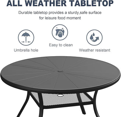 VICLLAX Round Patio Dining Table, 4-6 Person Aluminum Outdoor Dining Table with Umbrella Hole and Storage Shelf for Garden Lawn Deck, 47.2" Black