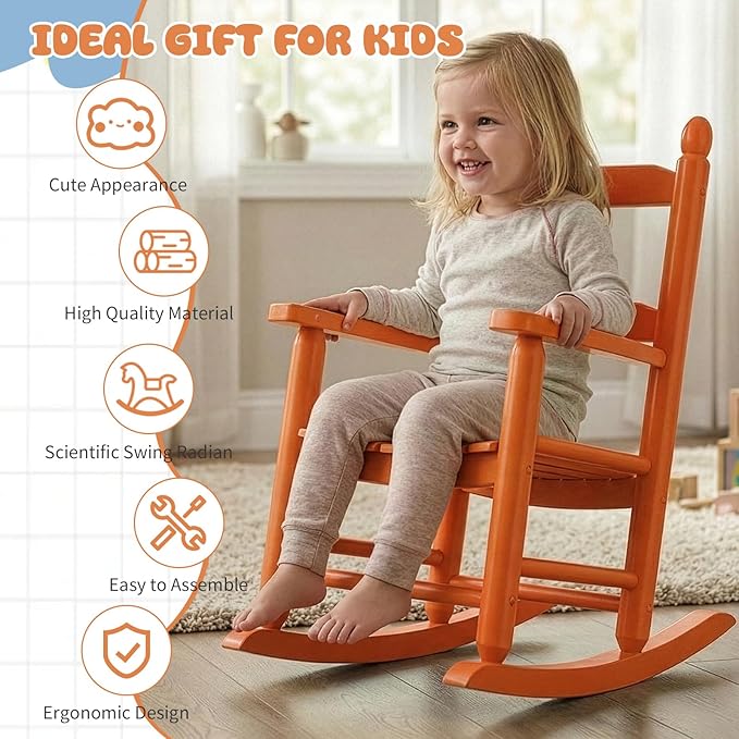 Outvita Kids Rocking Chair, Ergonomic Sturdy Toddler Rocking Chair with High Backrest & Rounded Armrests, Safe Solid Wood Baby Rocker Chair for Age 3-6, Outdoor, Living Room, Reading Room(Orange)