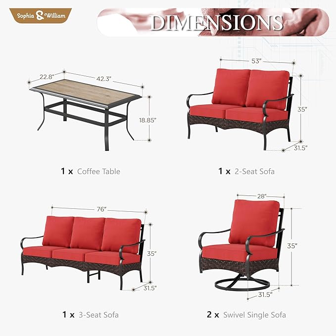 Sophia & William Patio Furniture Set, 5 Piece Metal Outdoor Conversation Set with 3-Seater Outdoor Couch - Photo 7