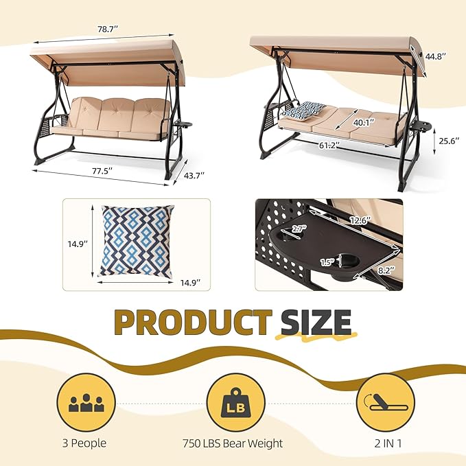 3 Seat Outdoor Porch Patio Swing with Adjustable Canopy& Backrest, Outdoor Swing for Adults - Photo 8