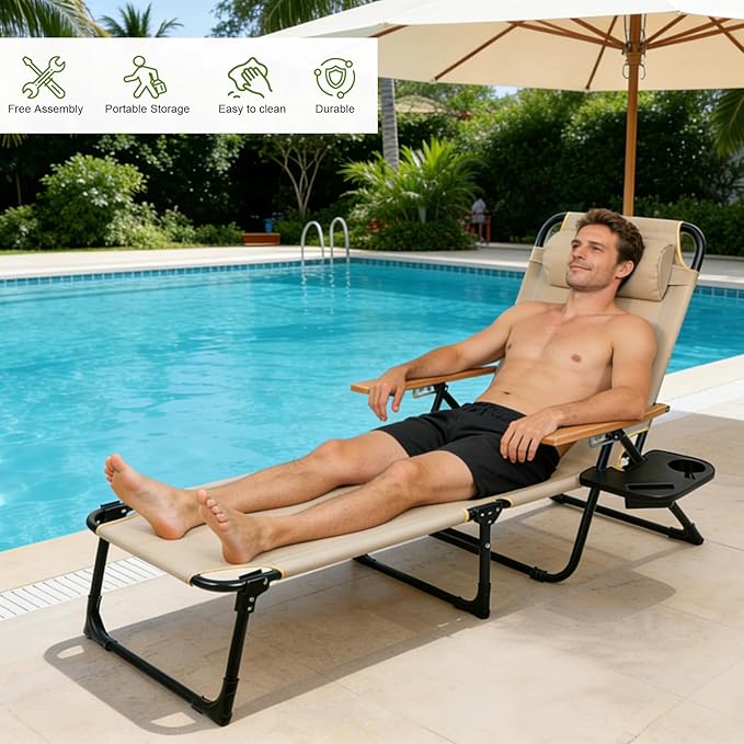 Folding Lounge Chairs for Outside, Beach Patio Lounge Chair, Sunbathing/Tanning Chair with 4 Adjustable Backrest & Cup & Pillow,Holds 330 Lb, Outdoor Garden Pool (Beige)