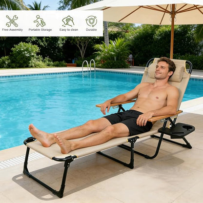 Folding Lounge Chairs for Outside, Beach Patio Lounge Chair, Sunbathing/Tanning Chair with 4 Adjustable Backrest & Cup & Pillow,Holds 330 Lb, Outdoor Garden Pool (Beige)